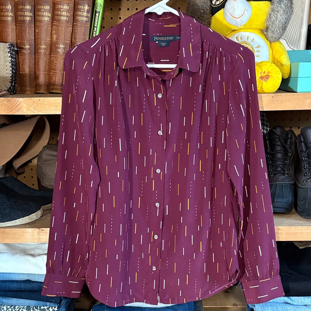 Pendleton Silk Blouse XXS Burgundy Dash Print Long Sleeve Button-Up